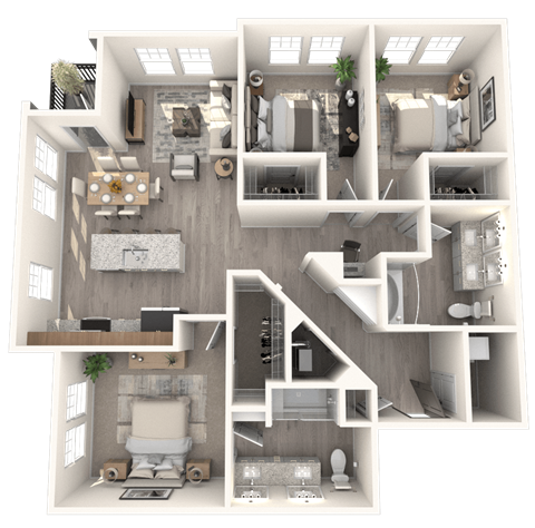 Floor plan for 3 beds, 2 baths, 1297 sqft